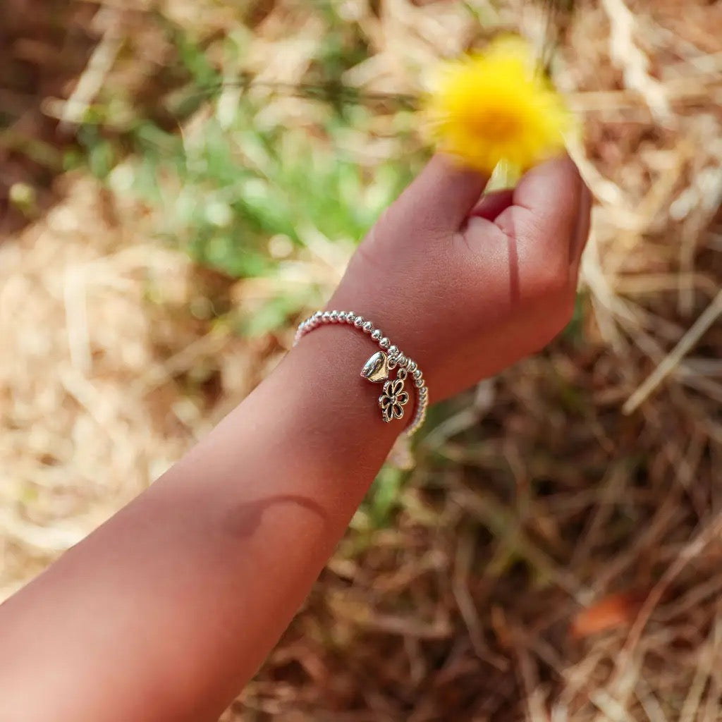 Letterbox Love - Thank You Sunshine in my Day - Heart &amp; Flower - CHILDREN'S - Silver Plated Stretch Bracelet