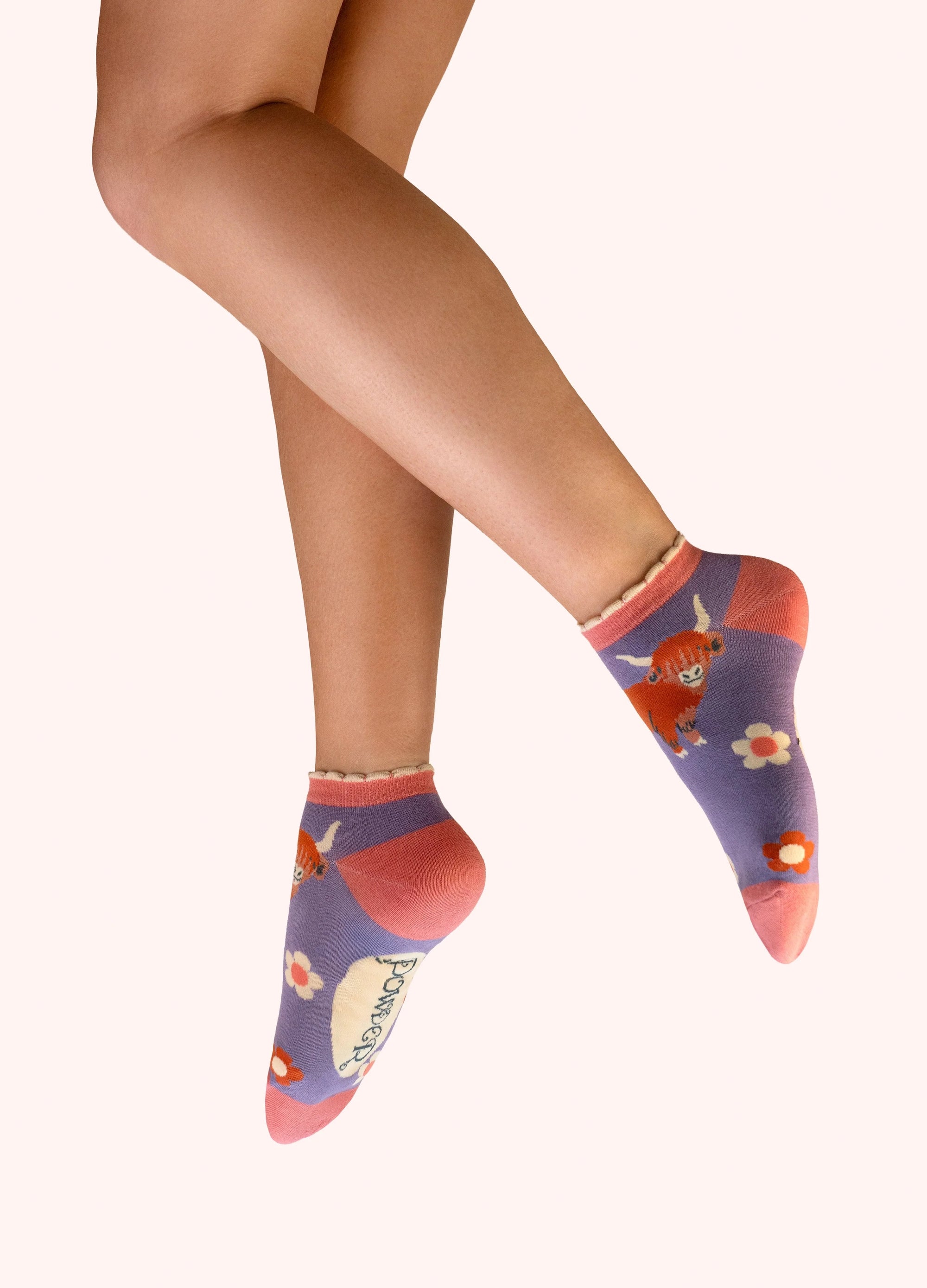 Powder - Highland Cow &amp; Floral - Ladies Bamboo Trainer Socks - Purple