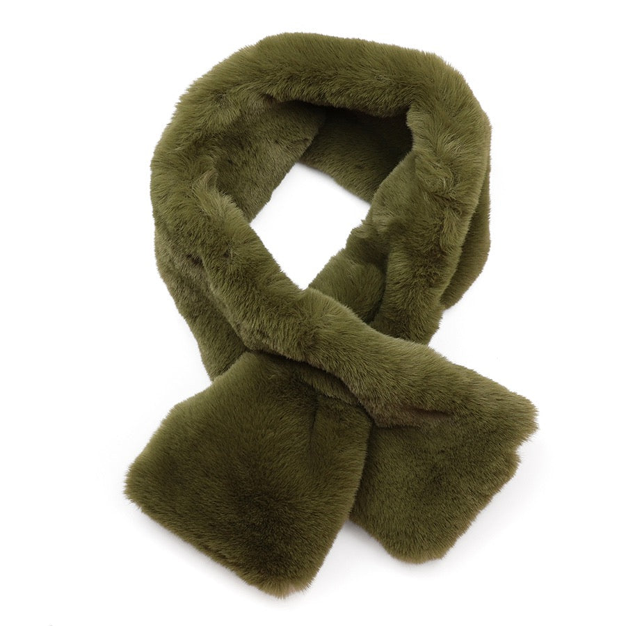 POM - Faux Fur Pull Through Scarf - Khaki Green