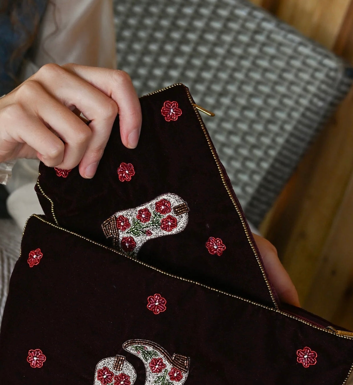 My Doris - Cream Cowgirl Boot - Dark Plum Medium Pouch/Make -Up Bag