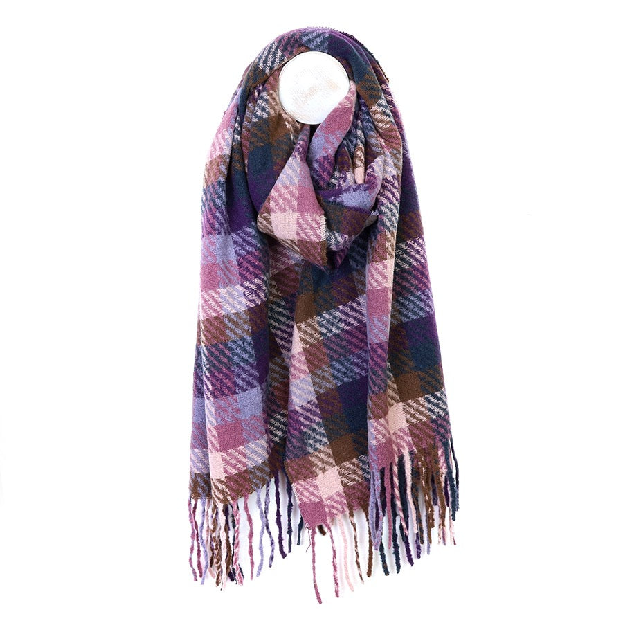 POM - Jessica - Purple, Mauve &amp; Brown Mix Check Weave Print - Cosy Tassel Scarf