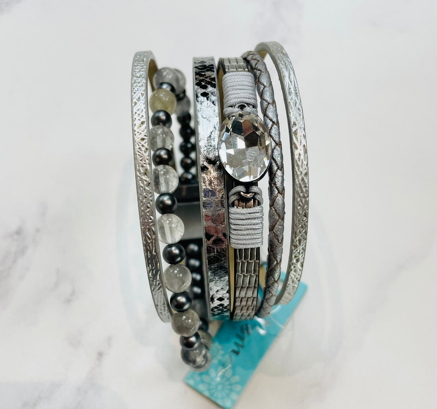 POM Multistrand Grey Printed Leather & Beaded Magnetic Bracelet with Statement Oval Crystal