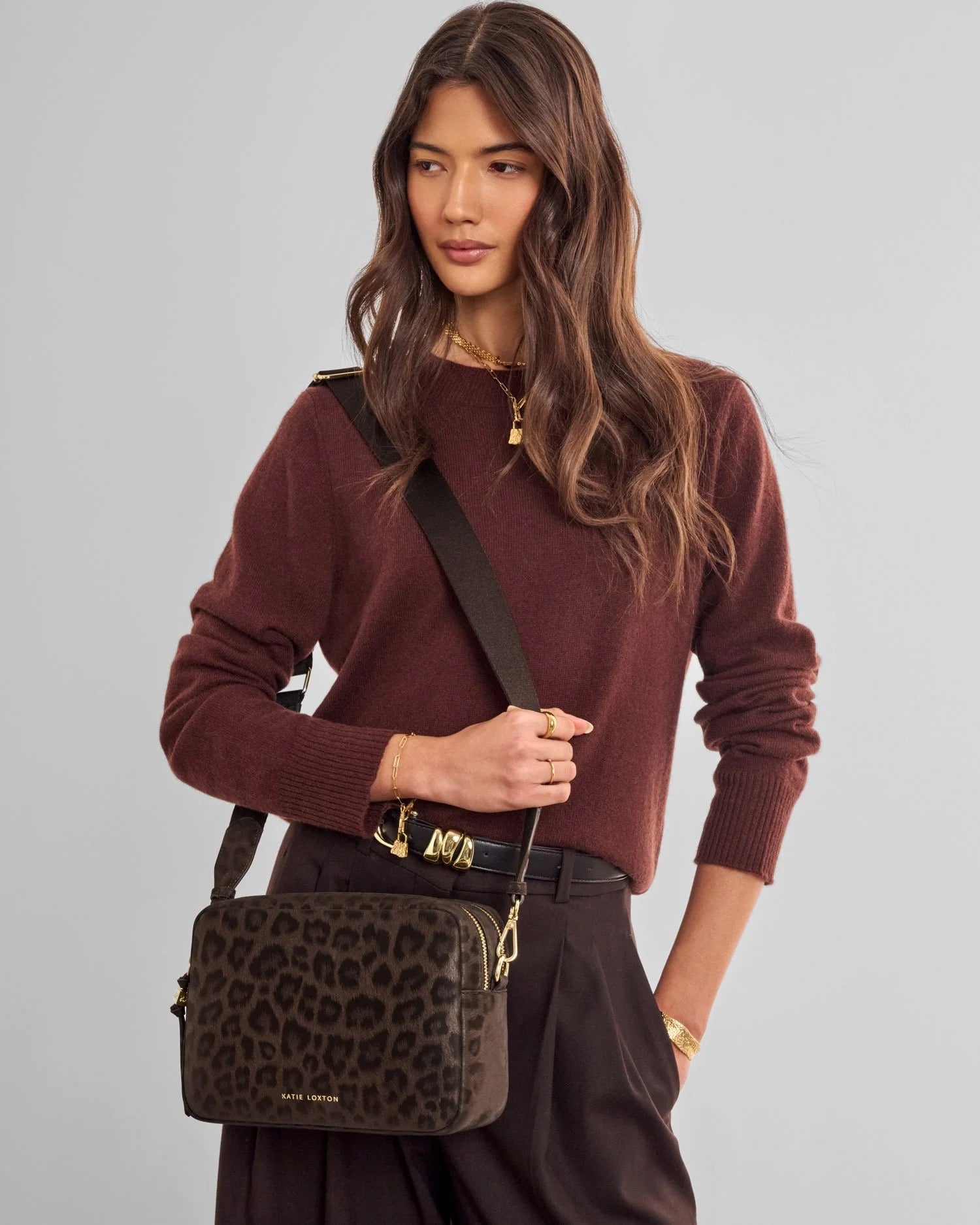Katie Loxton - Lottie - Large Double Zip Crossbody Bag - Chocolate Leopard