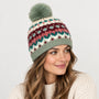 POM - Imogen - Patterned Faux Fur Knitted Bobble Hat - Duck Egg & Wine Multi