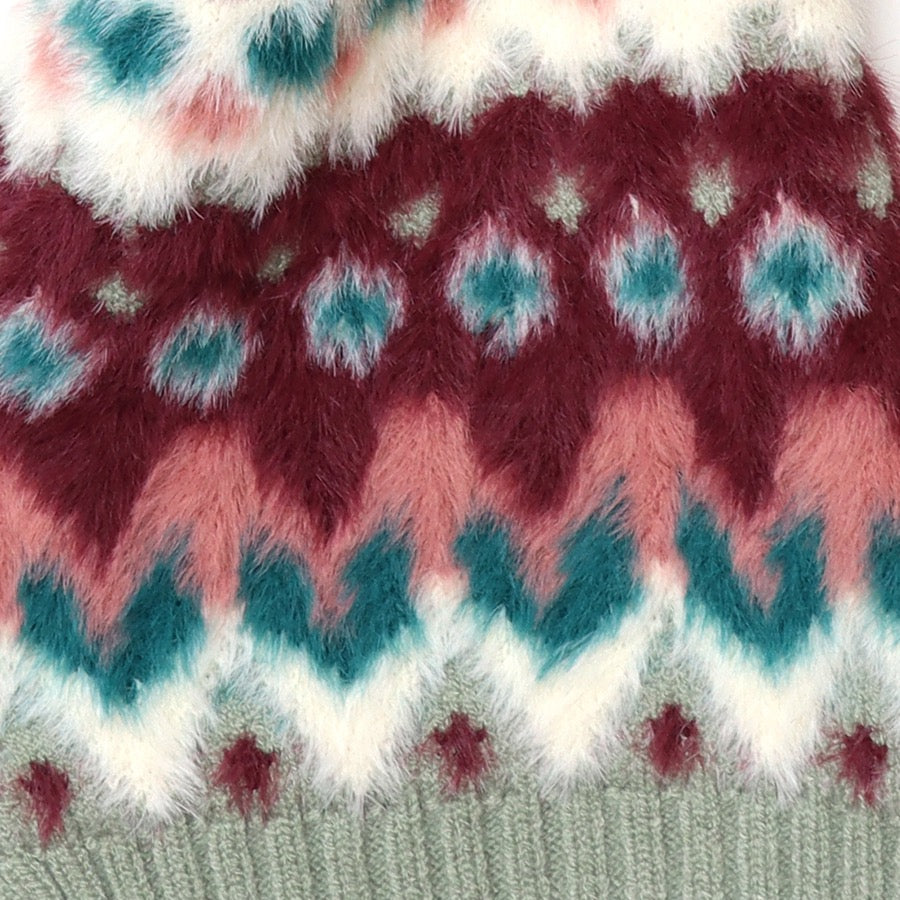 POM - Imogen - Patterned Faux Fur Knitted Pull Through Scarf - Duck Egg &amp; Wine Multi