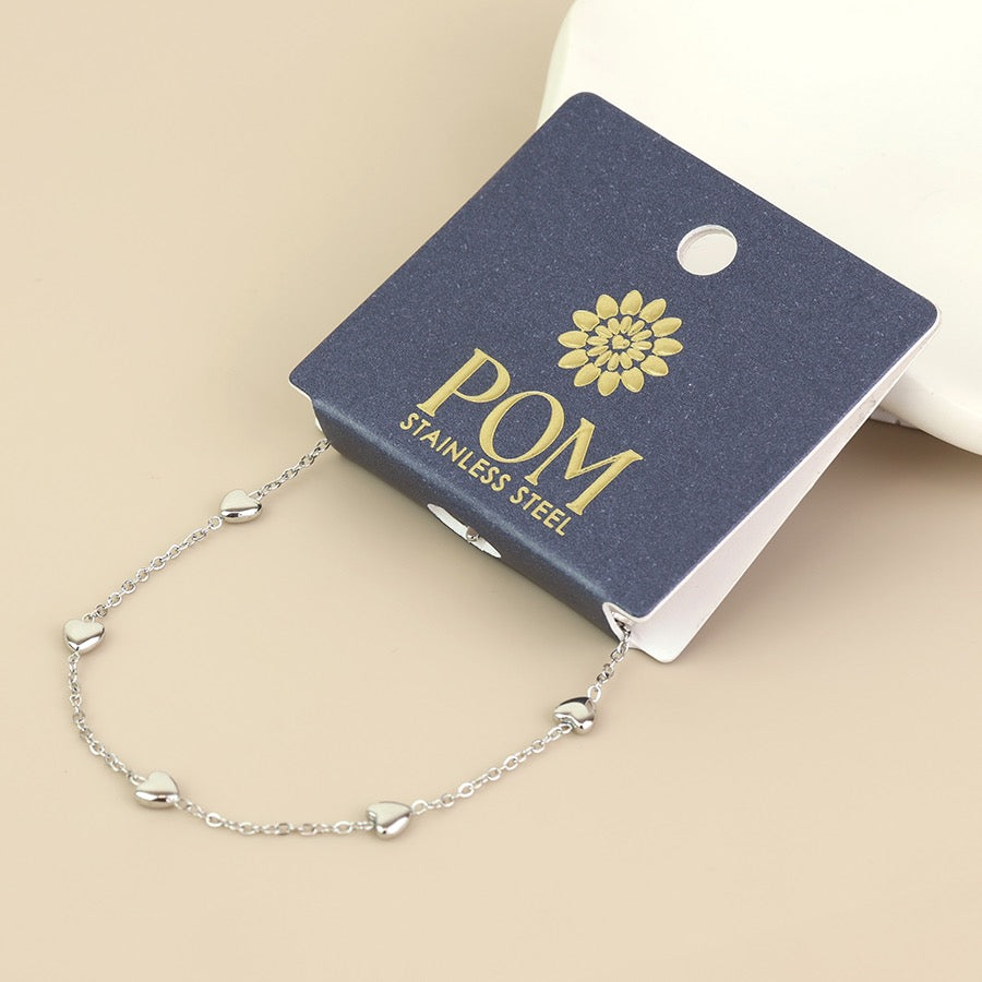 POM WATERPROOF - Whisper Stainless Steel Tiny Hearts Station Chain Bracelet - Silver