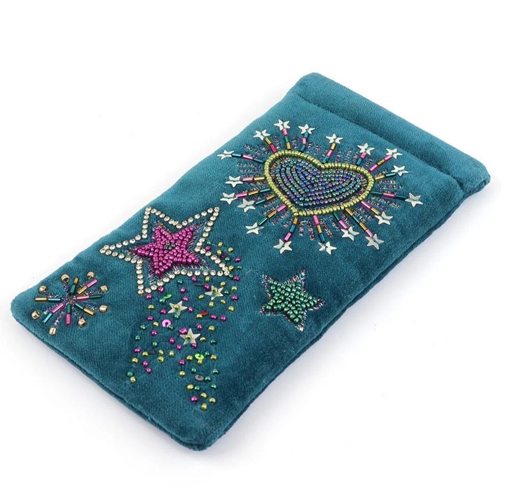POM - Teal - Hearts &amp; Stars - Embroidered Glasses Case Pouch