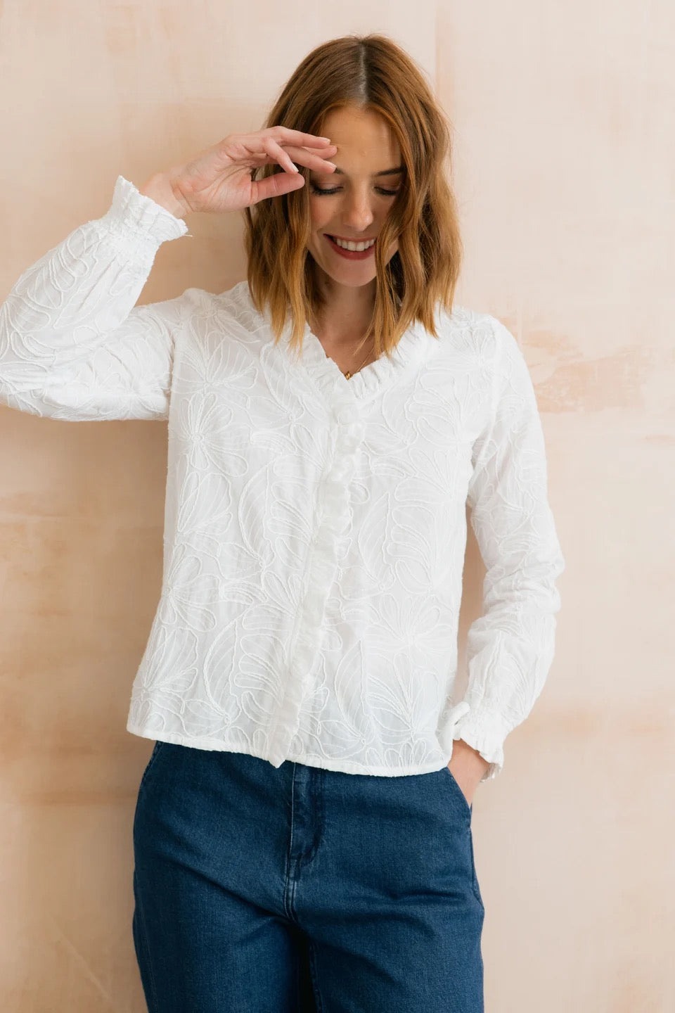 Kit Ruffle Abstract Bloom Embroidered Blouse - White - Lily &amp; Me