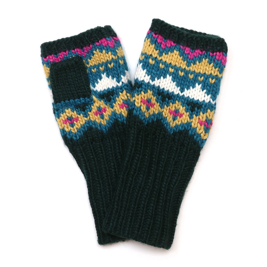 POM - Valentina - Patterened Chunky Knit Wrist Warmers Gloves - Dark Green/Camel/Pink Mix