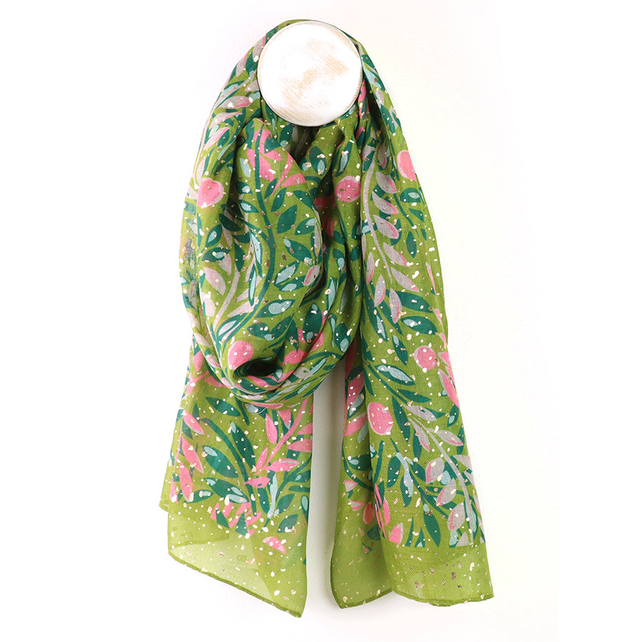 POM Lime Floral Vines &amp; Metallic Foil Recycled Blend Scarf