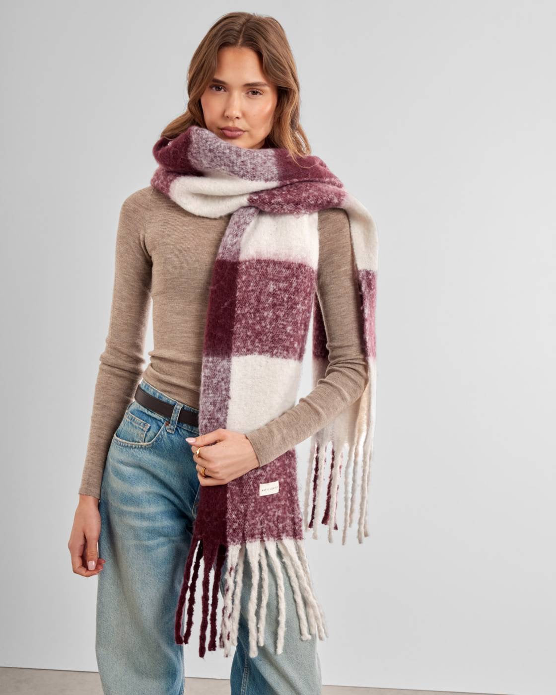 Katie Loxton - Checked - Chunky Cosy Tassel Scarf - Cherry/Mix