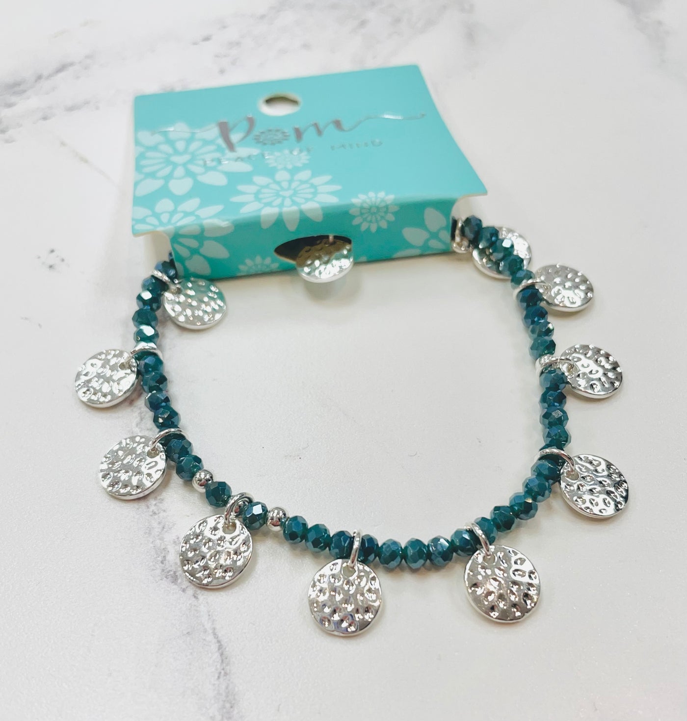 POM Faceted Blue Crystal Bracelet with Multi Hammered Disc Charms
