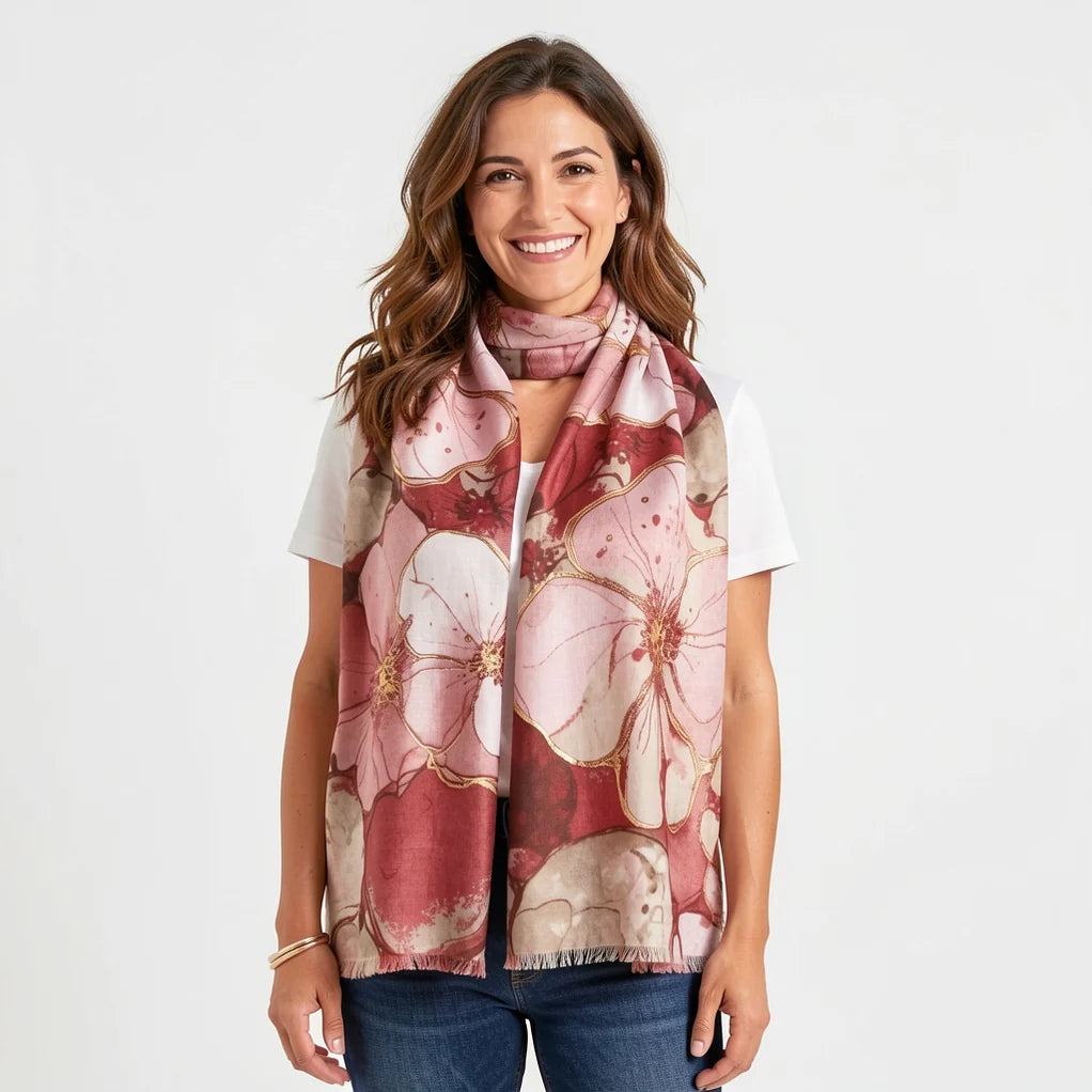 Park Lane-  Lightweight Floral &amp; Gold Foil Scarf - Red Mahogany