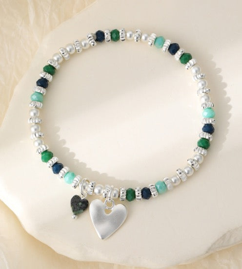 Gracee Jewellery - Silver &amp; Green Double Heart Charm - Stretch Bracelet