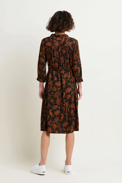 Brakeburn Printed Henna Trail Tiger Midi Shirt Dress- Black/Rust
