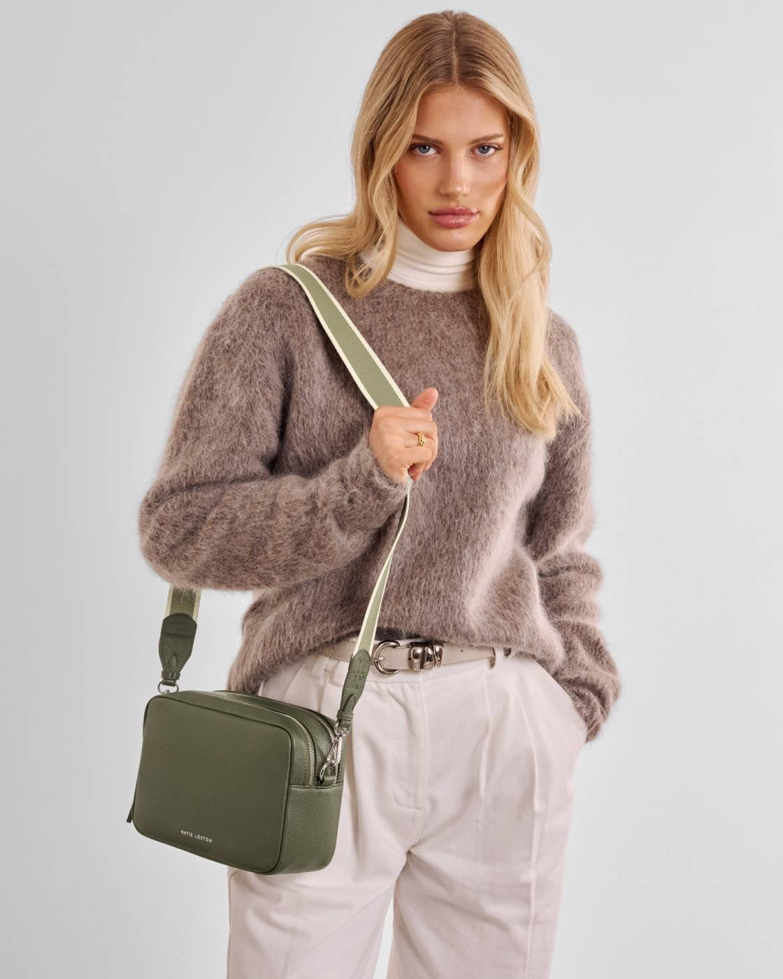 Katie Loxton - Lottie - Large Double Zip Crossbody Bag - Khaki (Silver Fittings)