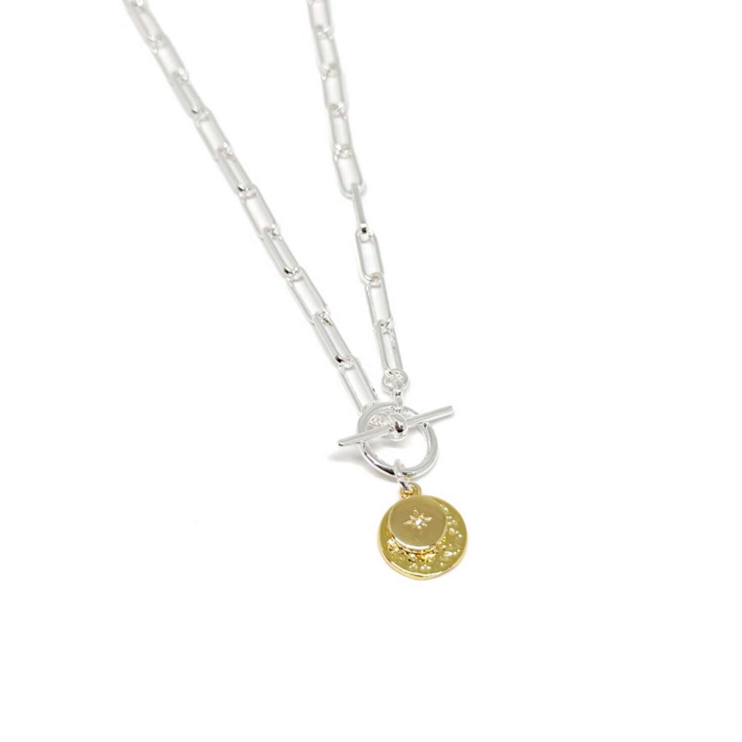 Dira Disc Paper-Link Chain T-Bar Necklace - Gold - Clementine Jewellery