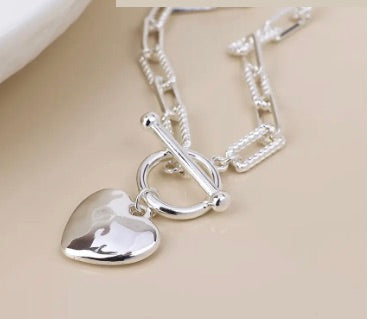 POM - Heart Charm- Link Chain T-Bar Necklace - Silver