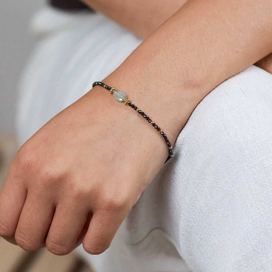 POM WATERPROOF - NYX Gold Plated Charcoal Black Tiny Faceted Crystal Beaded Bracelet
