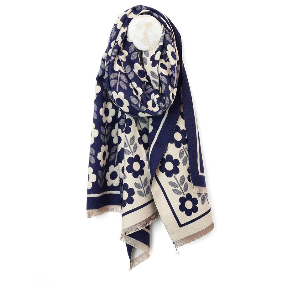 POM - Daisy Retro Flowers Print - Navy Mix - Reversible Cosy Jacquard Scarf