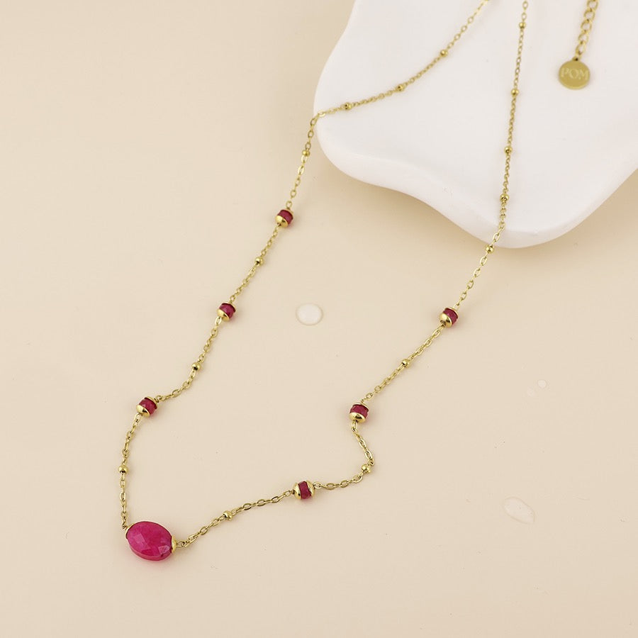 POM WATERPROOF - Poppy Gold Plated Stainless Steel Pink Beads Station Chain Necklace