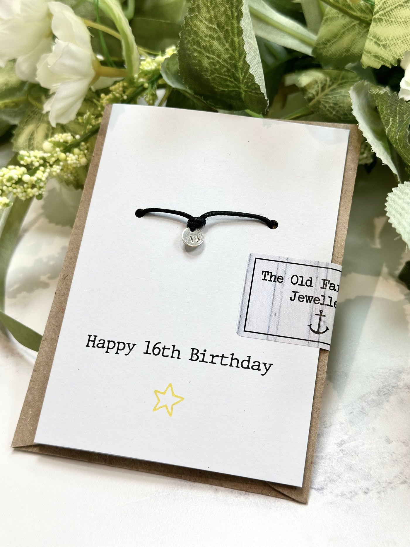 Happy 16th Birthday - 16 Stamped Disc Black Cord Wish Bracelet