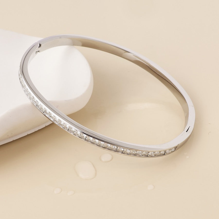 POM WATERPROOF - Elera Stainless Steel Crystal Bangle - Silver/Clear