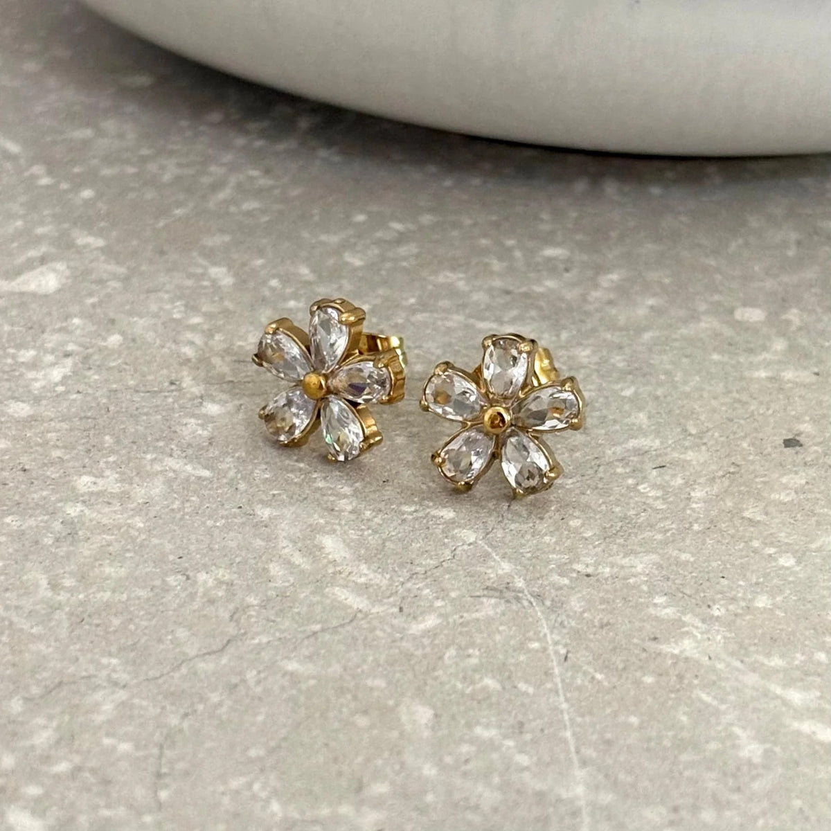 CZ Crystal Flower Gold Stud Earrings - Flax Barn Waterproof Jewellery (Copy)