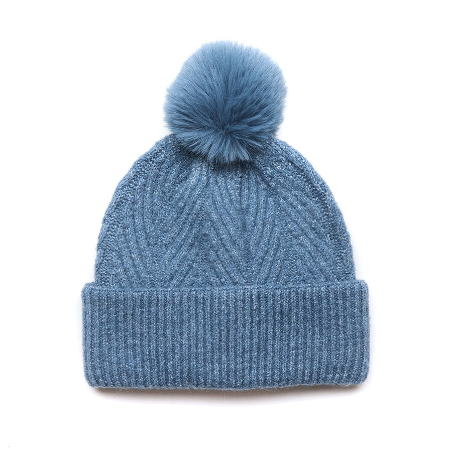 POM - Charlotte - Herringbone Knit Bobble Hat - Denim Blue