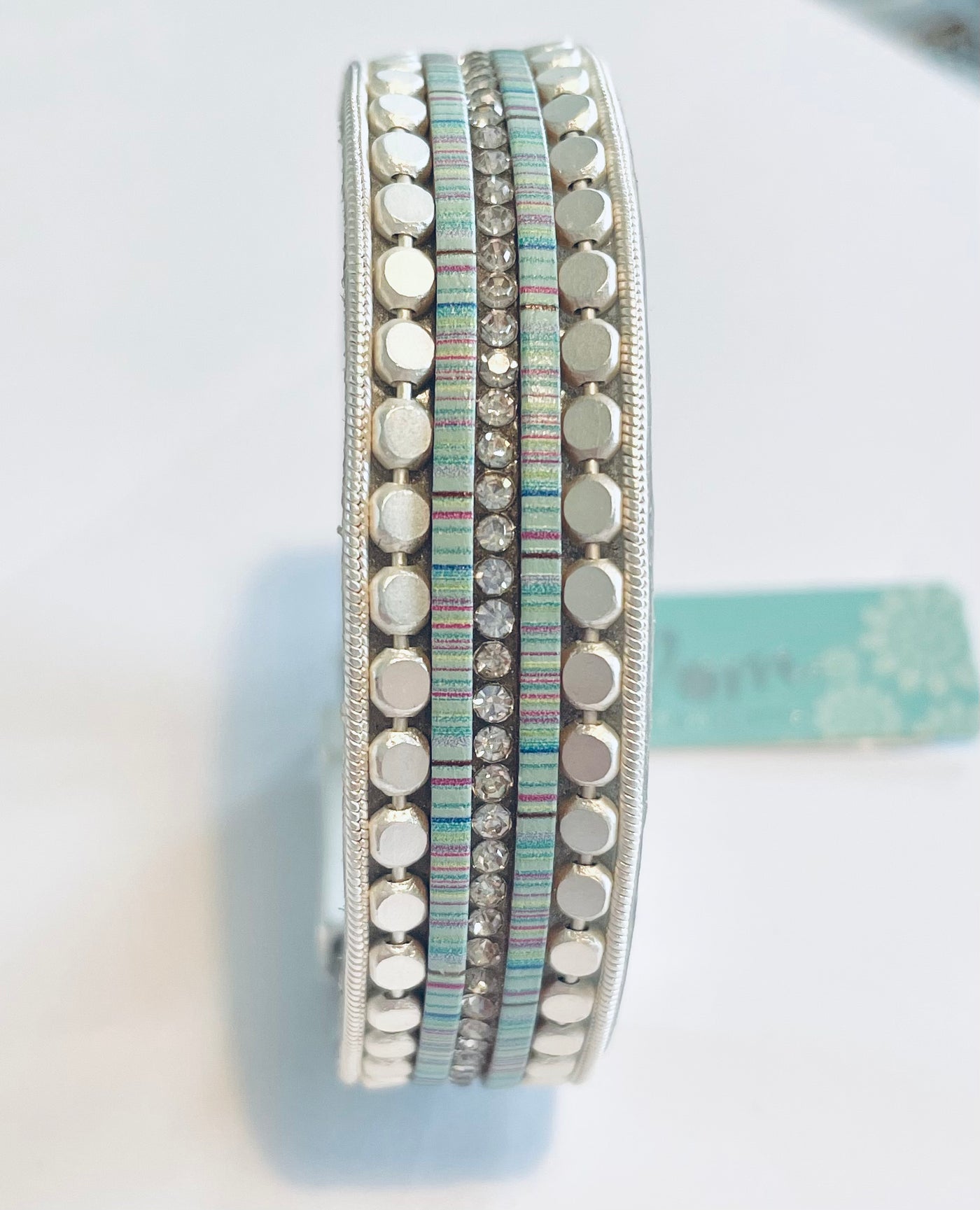 POM Multistrand Blue Stripe Diamante & Silver Circles Magnetic Bracelet