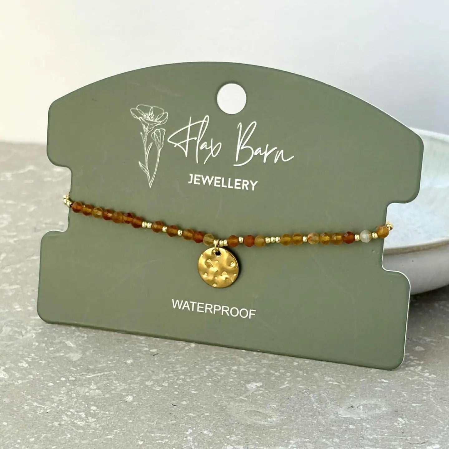 Orange Beaded Bracelet with Gold Hammered Disc Charm - Flax Barn Waterproof Jewellery (Copy)