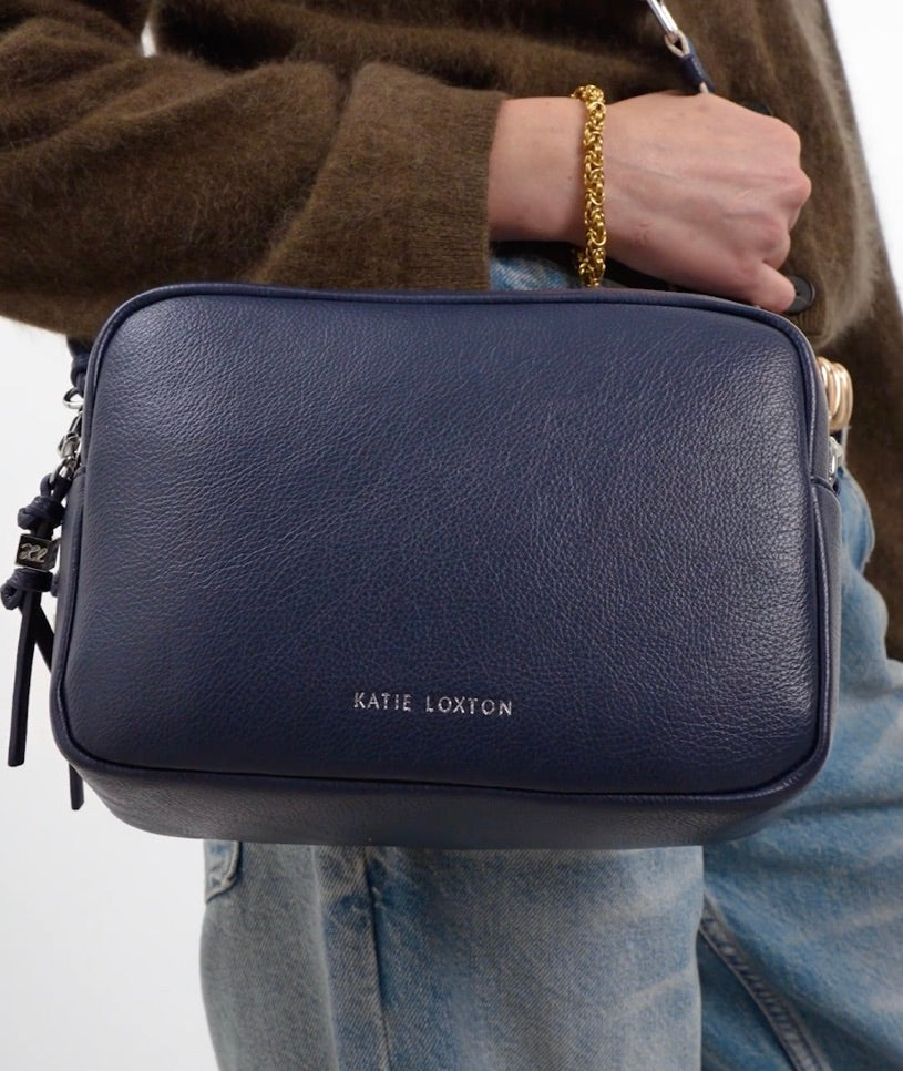 Katie Loxton - Lottie - Large Double Zip Crossbody Bag - Navy Blue (Silver Fittings)