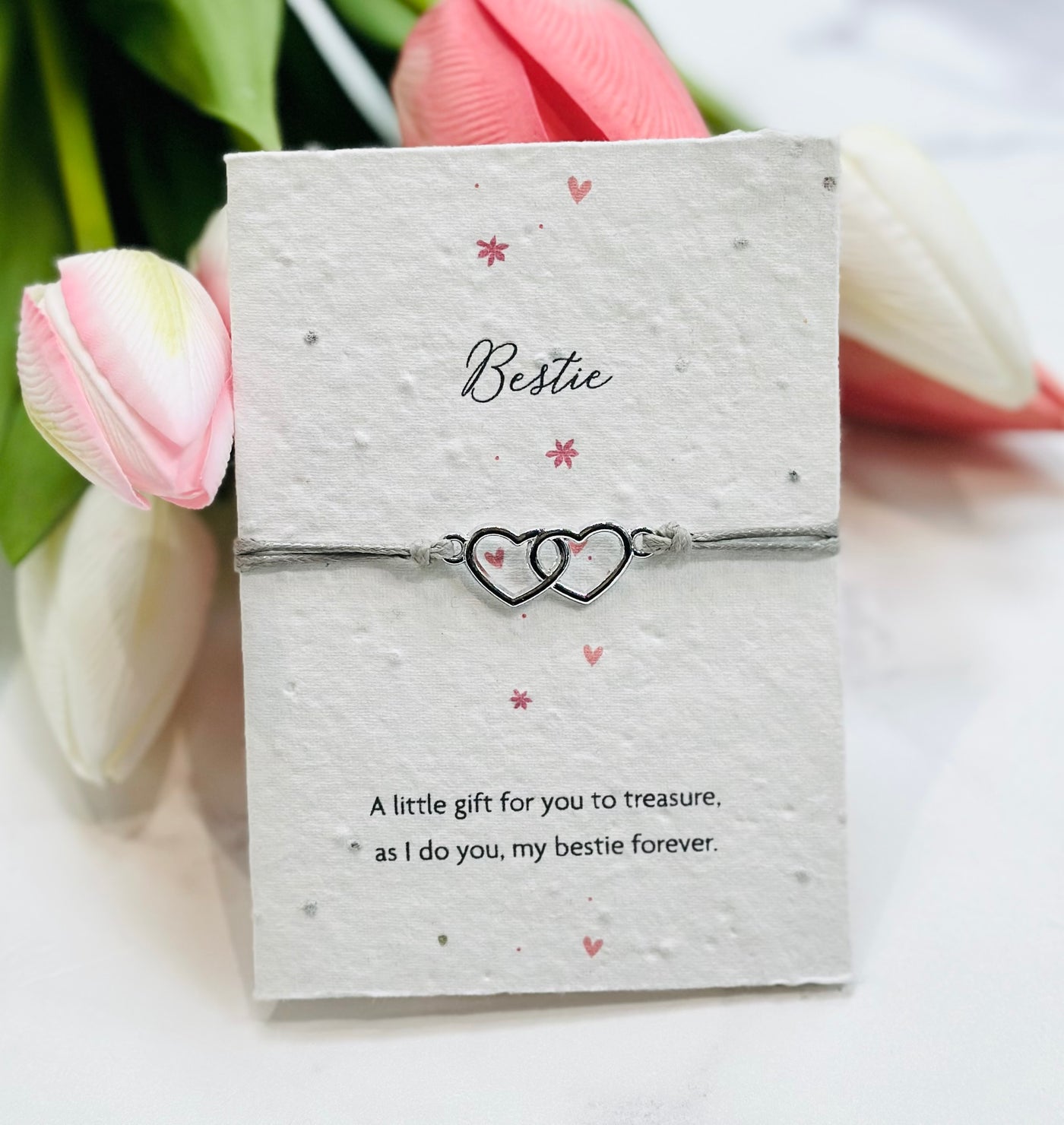 Letterbox Love Seeded Card Bracelet - Double Heart - Bestie