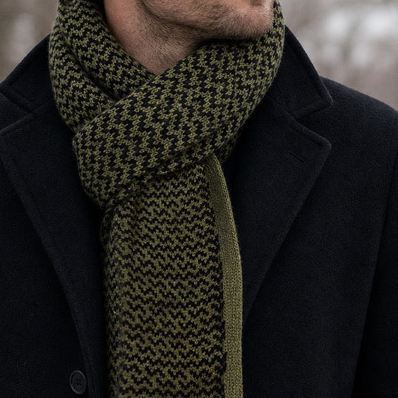 POM - Mens - Theo Chevron Knit - Pull Through Crossover Scarf - Olive Green/Black