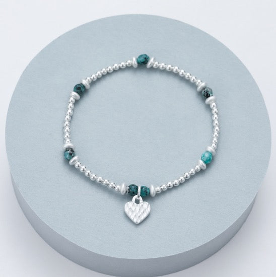 Gracee Jewellery - Silver &amp; Turquoise Bead &amp; Heart Charm - Stretch Bracelet