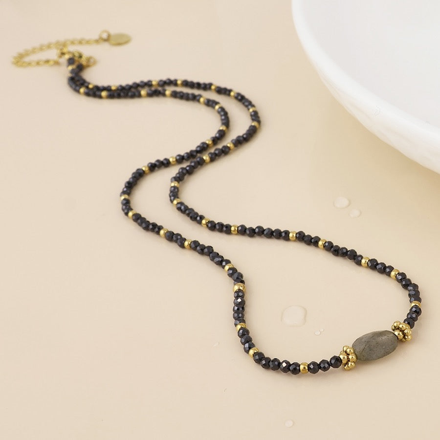 POM WATERPROOF - NYX Gold Plated Charcoal Black Tiny Faceted Crystal Full Beaded Necklace