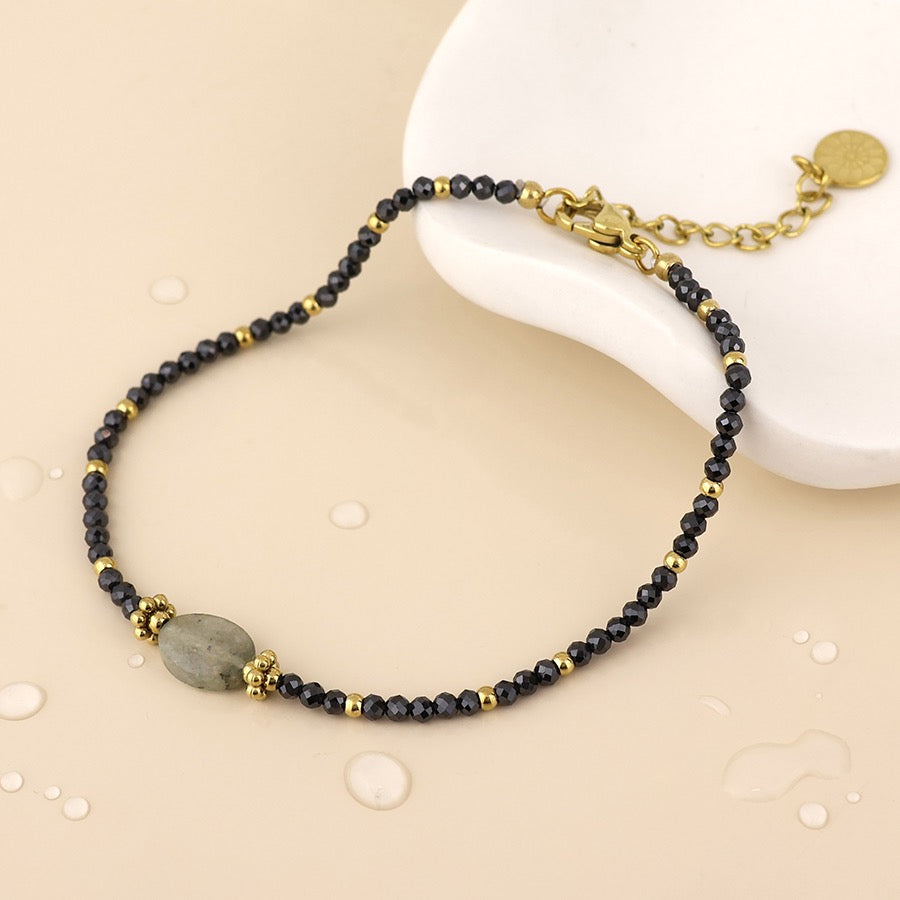 POM WATERPROOF - NYX Gold Plated Charcoal Black Tiny Faceted Crystal Beaded Bracelet
