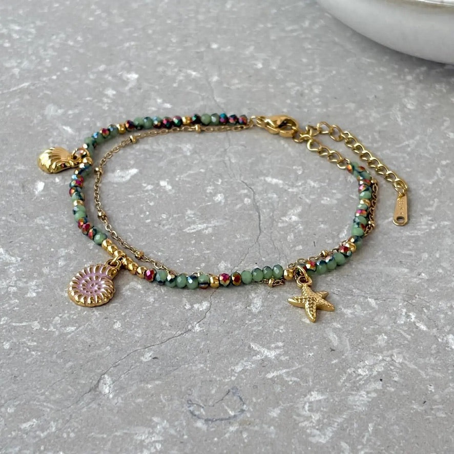 Seascape Beaded Double Strand Charm Bracelet with Gold  - Flax Barn Waterproof Jewellery