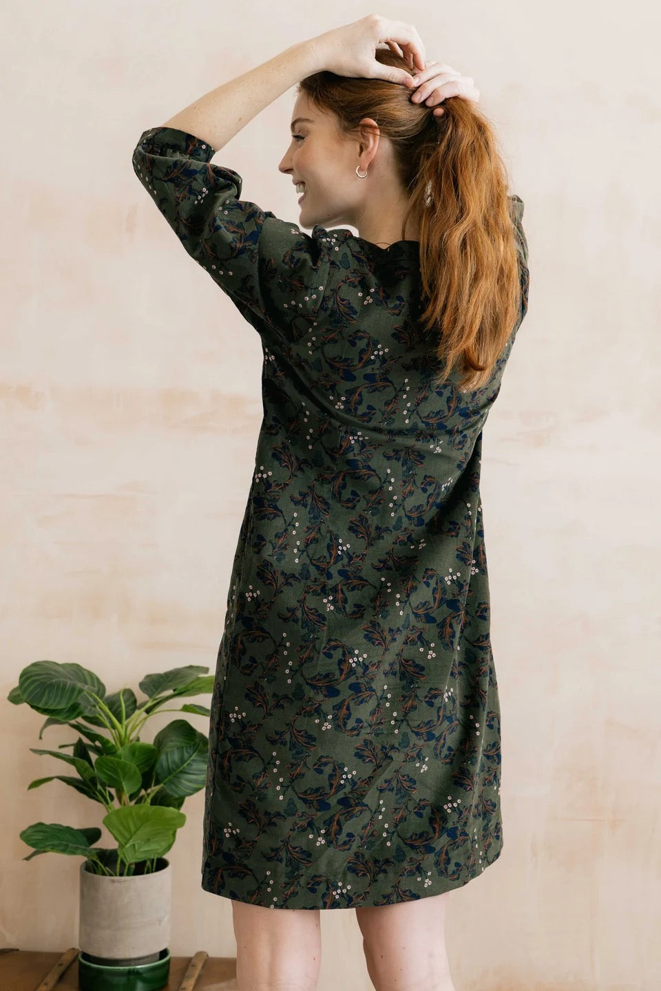 Harvest Trailing Leaves Print Pincord Midi Dress - Dark Olive - Lily &amp; Me