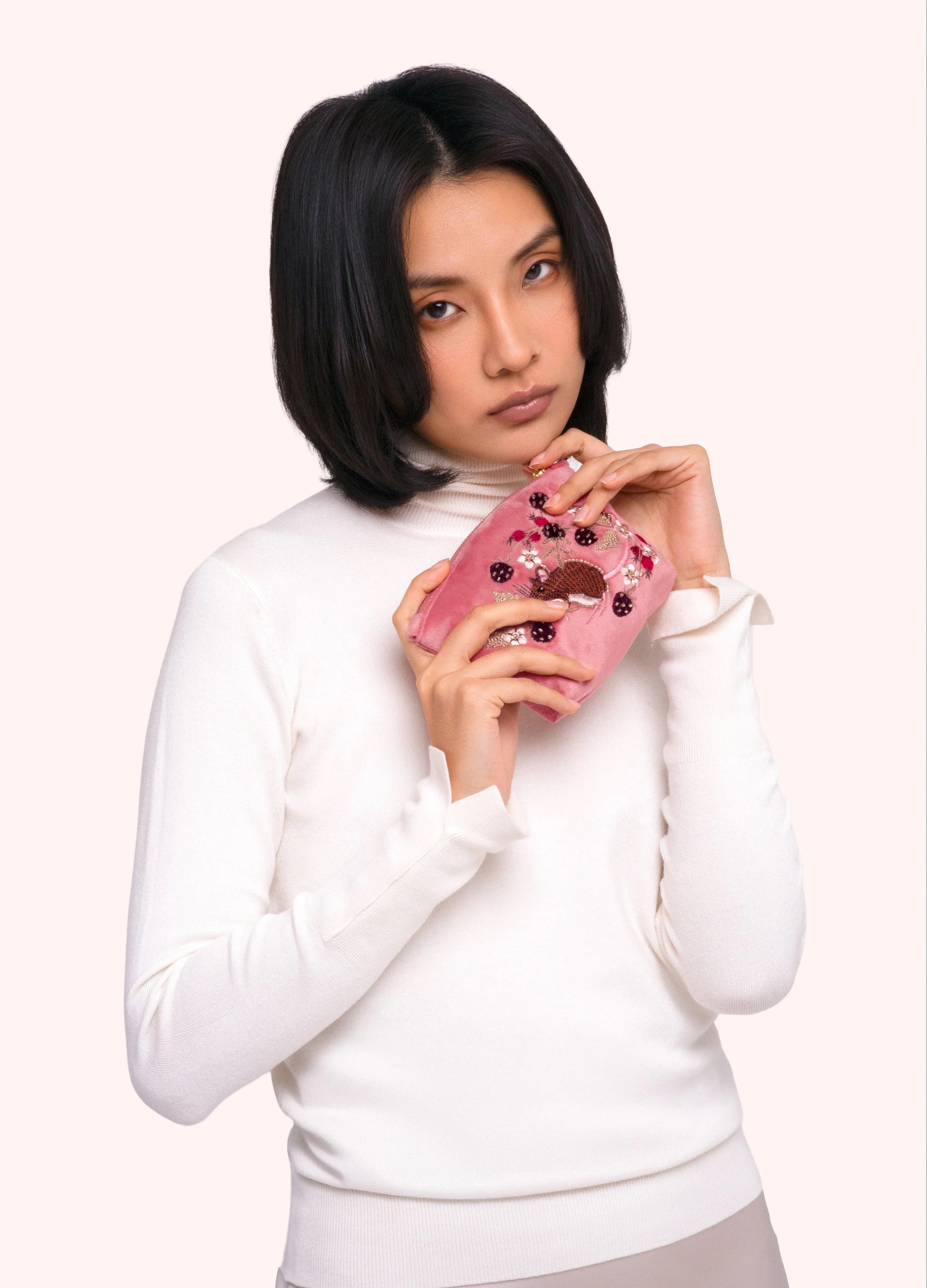 Powder Velvet Mini Tapered Zip Pouch - Mouse - Dusky Pink
