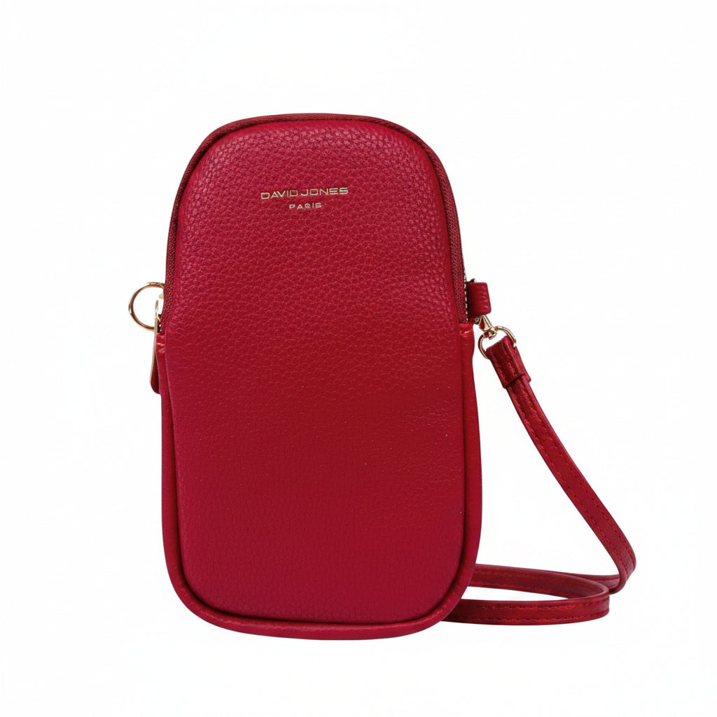 David Jones - (CM6814A) Double Zip Faux Leather Phone Crossbody Bag - Tango Red
