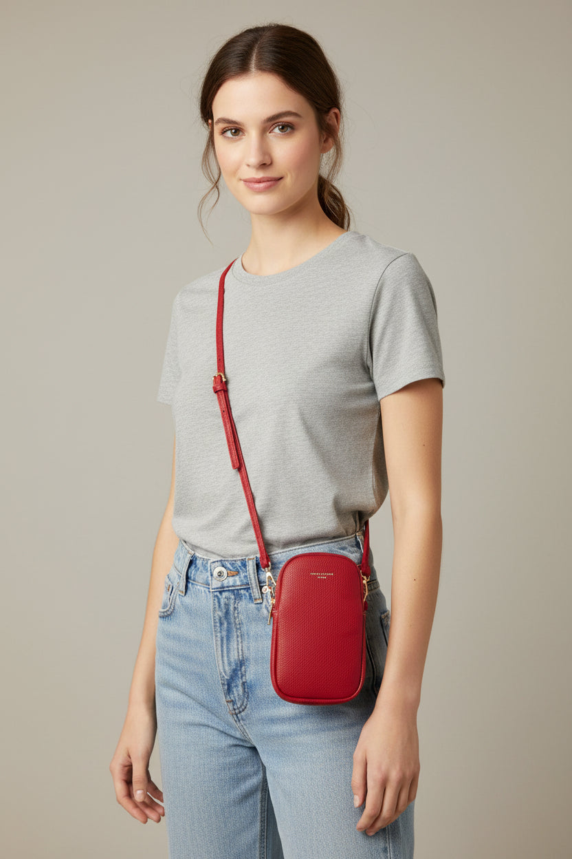 David Jones - (CM6814A) Double Zip Faux Leather Phone Crossbody Bag - Tango Red