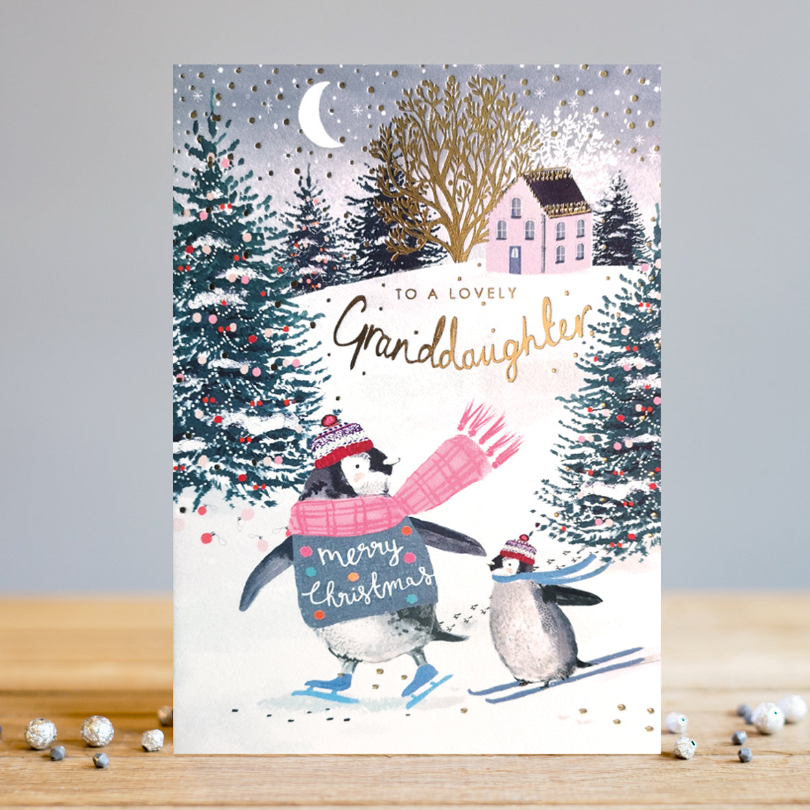Louise Tiler Skiing Penguins To a Lovely Granddaughter Christmas Card