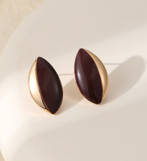Gracee Jewellery - Burgundy &amp; Gold Pointed Oval Enamel - Statement Stud Earrings - Gold