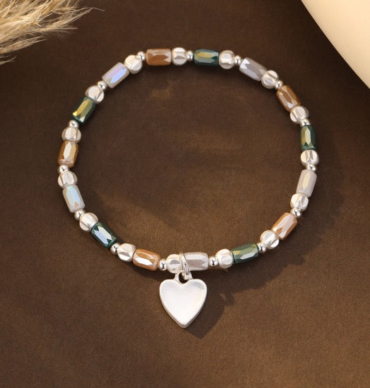 Gracee Jewellery - Earth Tone Crystals &amp; Matt Silver Heart Charm - Stretch Beaded Bracelet