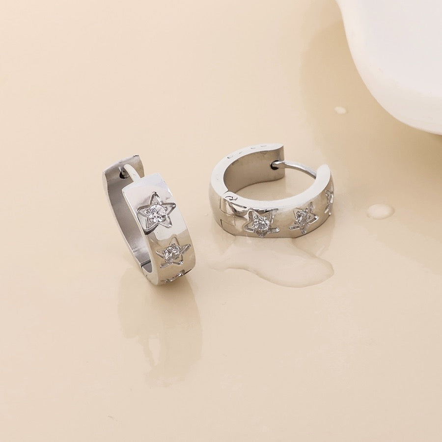 POM WATERPROOF - Astra Stainless Steel Crystal Star Hoop Earrings - Silver/Clear