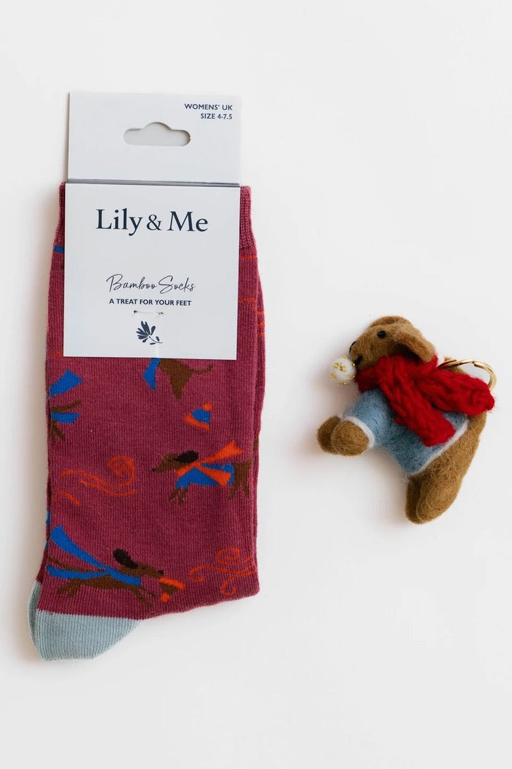 Lily &amp; Me - Windy Day Socks &amp; Felt Dog - Keyring &amp; Sock Gift Box Set