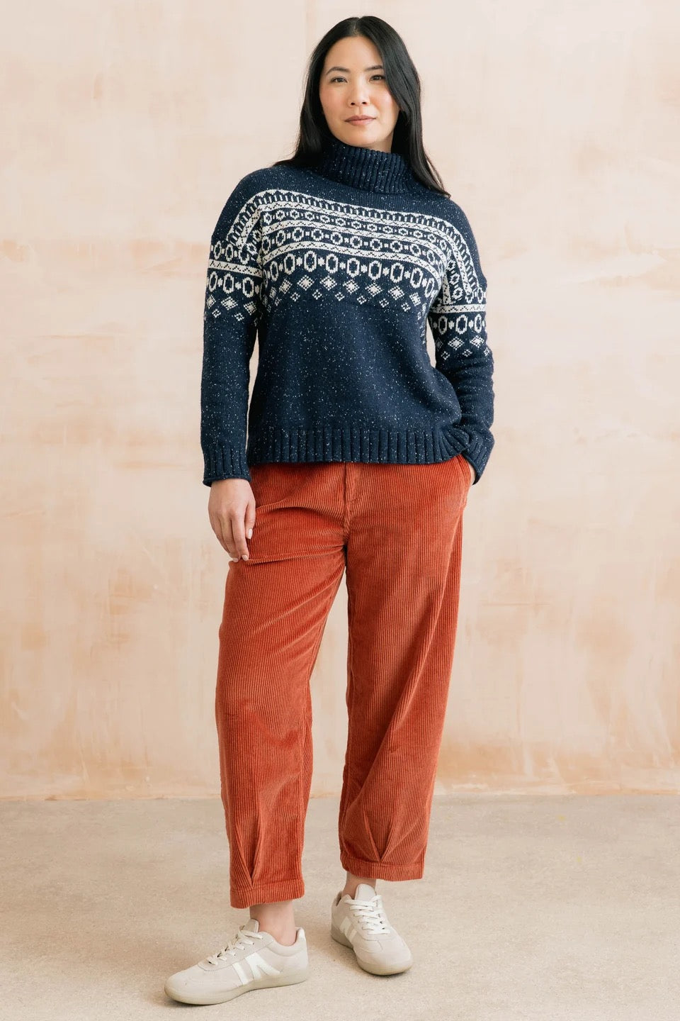 Easel - Fair Isle Patterned Fleck Knit Roll Neck Jumper - Navy Blue/White - Lily &amp; Me