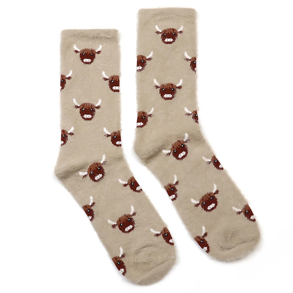 POM - Highland Cow - Fluffy Cosy Ladies Socks - Beige