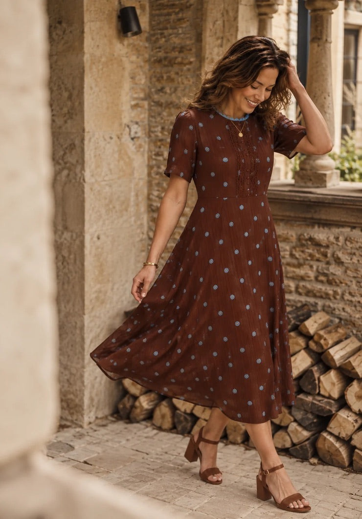 Brakeburn - Cedar  Short Sleeved Tea Dress - Brown/Blue